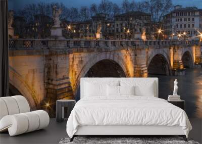 Tiber river bridge at night with light set, Rome, Italy. Long exposure. Wall mural