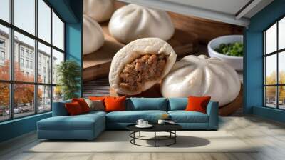 Delicious baozi, Chinese steamed meat bun is ready to eat on serving plate and steamer, close up, copy space product design concept. Wall mural