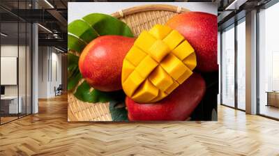 Mango background design concept. Top view Diced fresh mango fruit on gray table. Wall mural