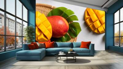 Mango background design concept. Top view Diced fresh mango fruit on gray table. Wall mural