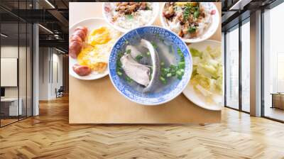 Milkfish skin soup, distinctive Taiwan delicacy food in Tainan. Famous meal set for lunch or breakfast with vegetable, top view, copy space, close up Wall mural