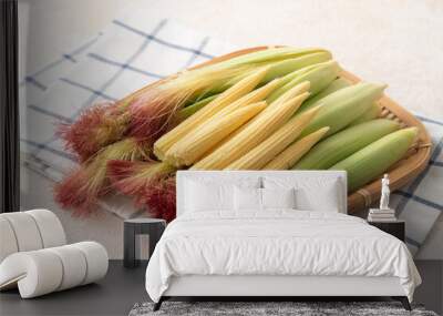 Raw baby corn in husk with red silk on gray table background. Wall mural