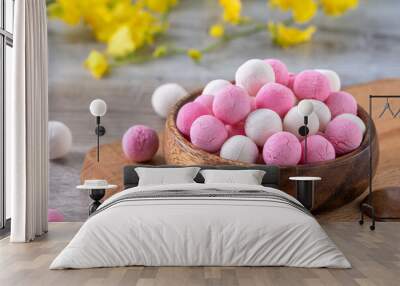 Raw red and white tangyuan on wooden table background for Winter solstice food. Wall mural