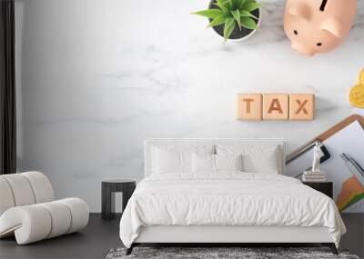 Top view of calculating and paying tax concept on marble white table. Wall mural