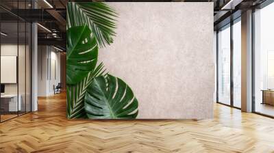 Tropical palm monstera leaves isolated on gray table background. Wall mural