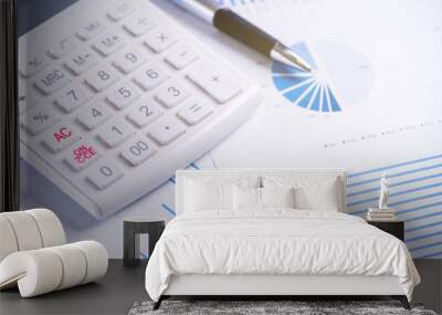 White calculator and report with chart and graph, concept of annual financial profit overview, banking and investment, copy space, macro, close up Wall mural