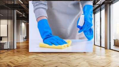 Young woman housekeeper in apron is cleaning, wiping down table surface with blue gloves, wet yellow rag, spraying bottle cleaner, closeup design concept. Wall mural