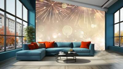 2022 New Year - Golden Clock Face With Fireworks And Defocused Abstract Lights Wall mural