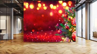 Abstract Christmas Tree With Defocused Lights On Red Glitter Background Wall mural