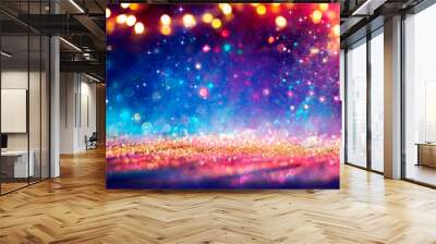 Abstract Defocused Christmas Background - Shiny Golden Glitter With Blurred Lights On Blue Background Wall mural