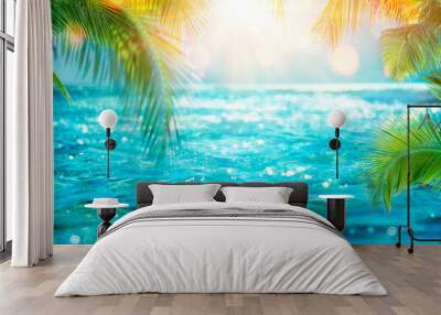 Abstract Summer - Blurred Sea With Leaves Palm And Defocused Bokeh Lights On Ocean Wall mural