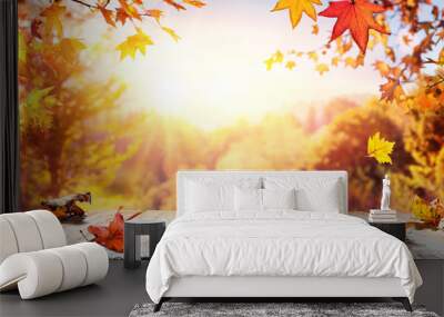 Autumn Table With Red And Yellow Leaves And Forest Background Wall mural