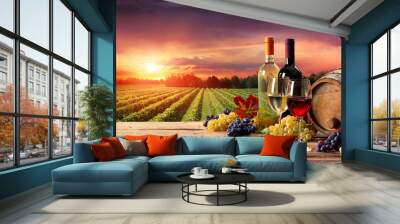 Barrel Wineglasses And Bottle In Vineyard At Sunset Wall mural