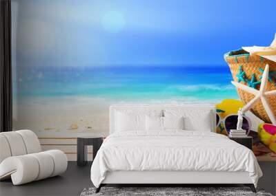 Beach Accessories On Deck Beach - Summer Holidays
 Wall mural