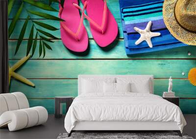 Beach accessories on wooden - summer background
 Wall mural