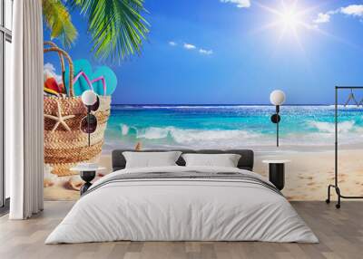 Beach Bag On Tropical Sand With Palm tree and Sunny Sea Wall mural