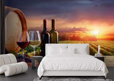 Bottles And Wineglasses With Grapes And Barrel In Rural Scene
 Wall mural