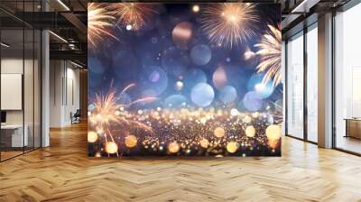 Celebration Anniversary - Golden Fireworks In Blue Night With Glitter - Abstract Defocused Texture Wall mural