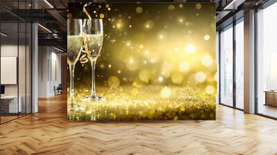 Champagne Flutes In Golden Sparkle Background - Happy New Year
 Wall mural