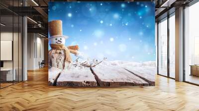 Christmas Card - Winter Incoming - Snowman On Table Wall mural