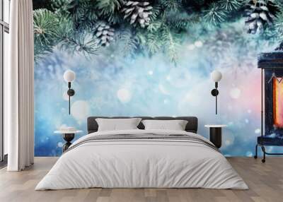 Christmas Lantern Hanging At Fir Branches In Cold Evening
 Wall mural