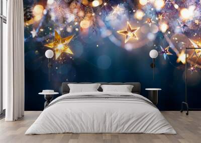 Christmas Lights - Stars String Hanging At Fir Branches In Abstract Defocused Background Wall mural