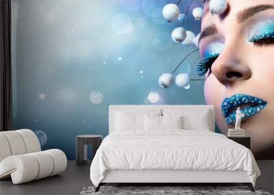 Christmas Makeup - Rhinestones On Lips And Snowy Eyelashes
 Wall mural