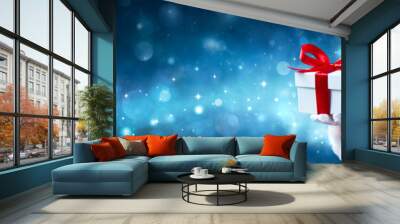 Christmas Present Santa Claus Give Gift With Abstract Lights At Night Wall mural