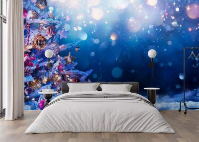 Christmas Tree On Snow At Night - Ornament hanging With Defocused Lights In Abstract Background Wall mural