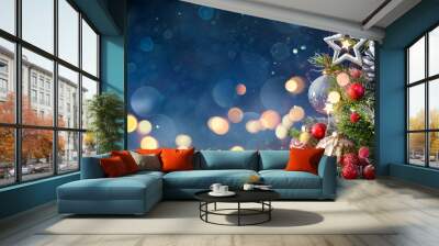 Christmas Tree With Baubles And Blurred Shiny Lights Wall mural