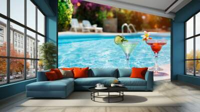 Cocktail In Pool - Refreshment In Resort - Mojito And Cosmopolitan In Glasses Wall mural