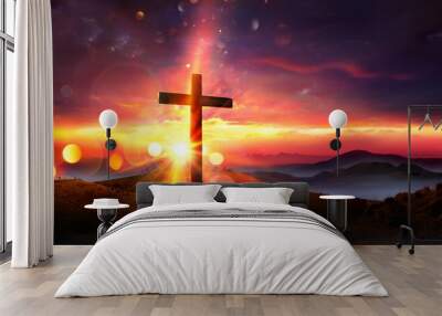 Crucifixion At Sunset Of Jesus Christ - Cross On Hill - Abstract Flare Effect And Defocused Lights Wall mural