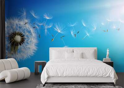 Dandelion With Seeds Blowing Away Blue Sky Wall mural