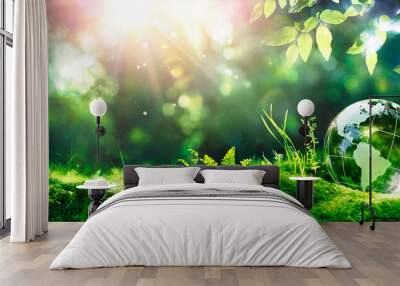 Earth Day - Environment - Green Globe In Forest With Moss And Defocused Abstract Sunlight Wall mural