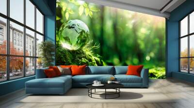 Earth Day  - Green Globe In Forest With Moss And Defocused Abstract Sunlight - Environment Concept Wall mural