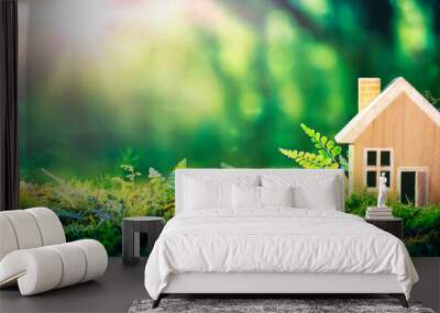 Eco House In Green Environment - Wooden Home Friendly On Grass Wall mural