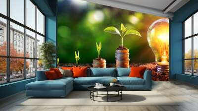 Energy And Money - Plants Growth And Lightbulb -  Small Trees On Coin Stack With Bulb-lamp Wall mural