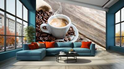 Espresso Coffee Cup With Beans On Vintage Table
 Wall mural