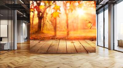 Fall Wooden Table - Autumn Season In Orange Forest Wall mural