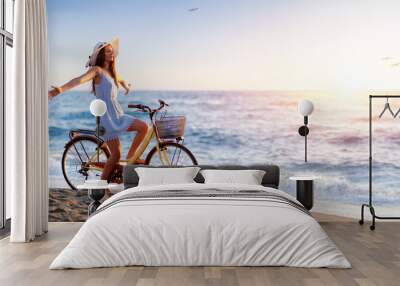 Girl On Bicycle On Beach - Freedom And Carefree Concept
 Wall mural