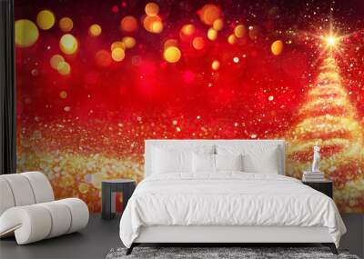 Golden Christmas Tree In Red Festive Background Wall mural