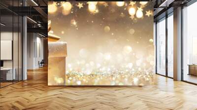 Golden Gift Box On Glitter In Abstract Background With Defocused Lights Wall mural