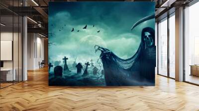 Grim Reaper In Graveyard With Halloween Moon Wall mural