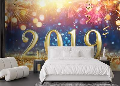 Happy New Year 2019 - Glitter And Fireworks
 Wall mural