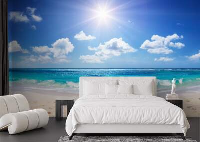 Idyllic Sand Beach With Sun Over Ocean
 Wall mural