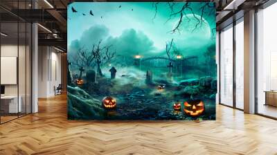 Jack O' Lanterns In Graveyard In The Spooky Night - Halloween Backdrop
 Wall mural