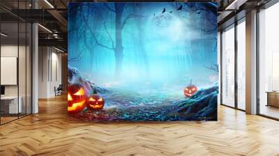 jack o’ lanterns in spooky forest at moonlight - halloween Wall mural