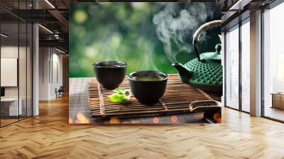 Japanese Tea - Hot Teapot And Teacups On Bamboo Mat Wall mural