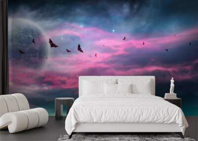 Moon In Spooky Night - Halloween Background With Clouds And Bats Wall mural