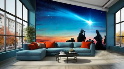 Nativity Of Jesus - Scene With Holy Family Under Comet Star Wall mural